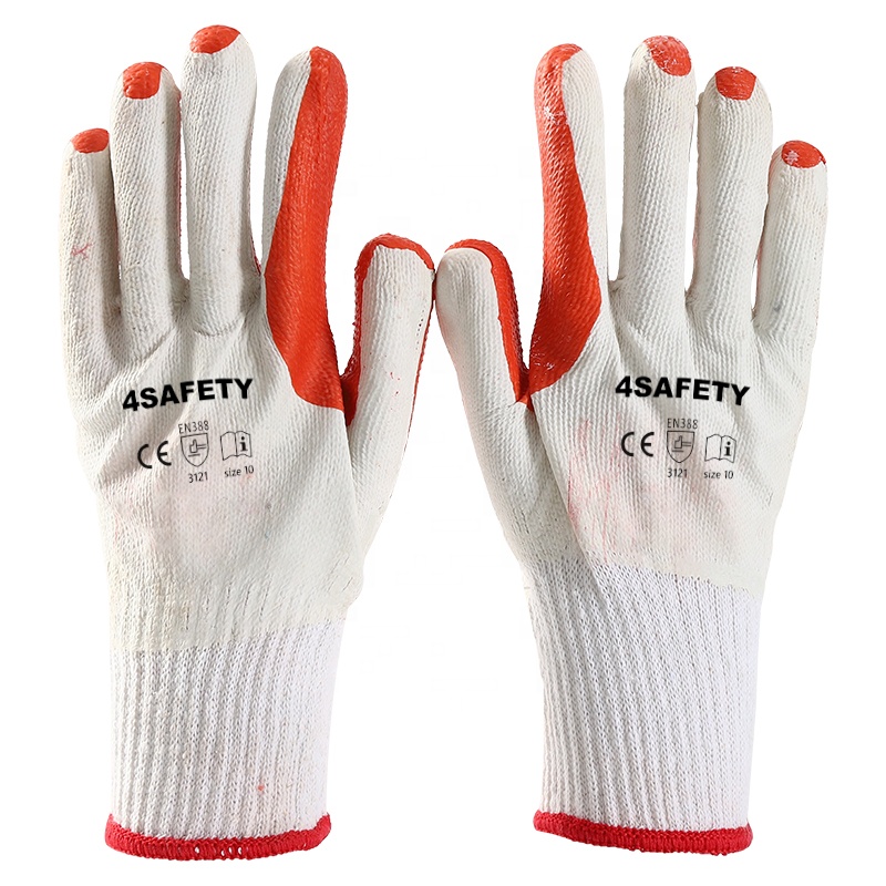 Red Rubber Palm Coated Work Gloves Bleached White Poly Cotton Rubber Laminated Work Safety Gloves