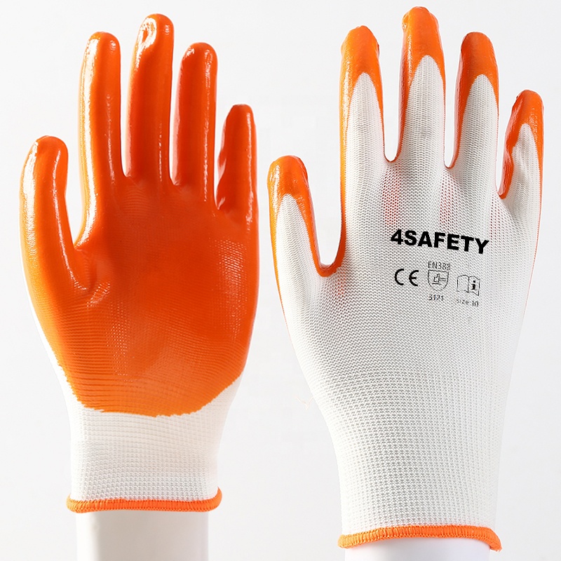 Cheap Nitrile Gloves Oilproof Waterproof 13G White Polyester Shell Orange Nitrile Coated Work Gloves