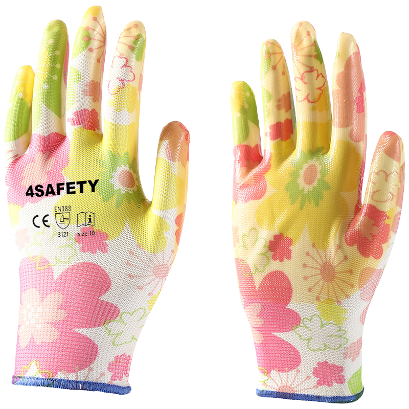 Promotional 13G Polyester Flower Design Shell Waterproof Oil Resistant Safety Gloves