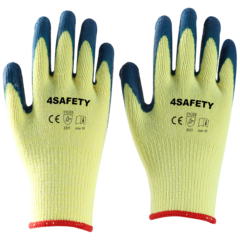                 Yellow cotton  with blue latex crinkle coating gloves            
