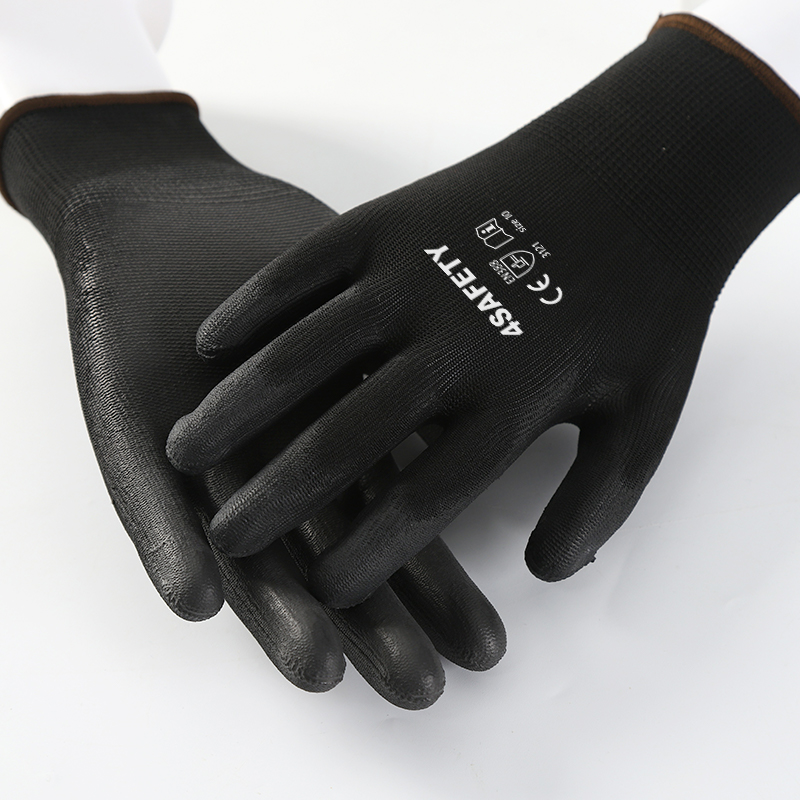 Black Color PU Coated Polyester Safety Gloves