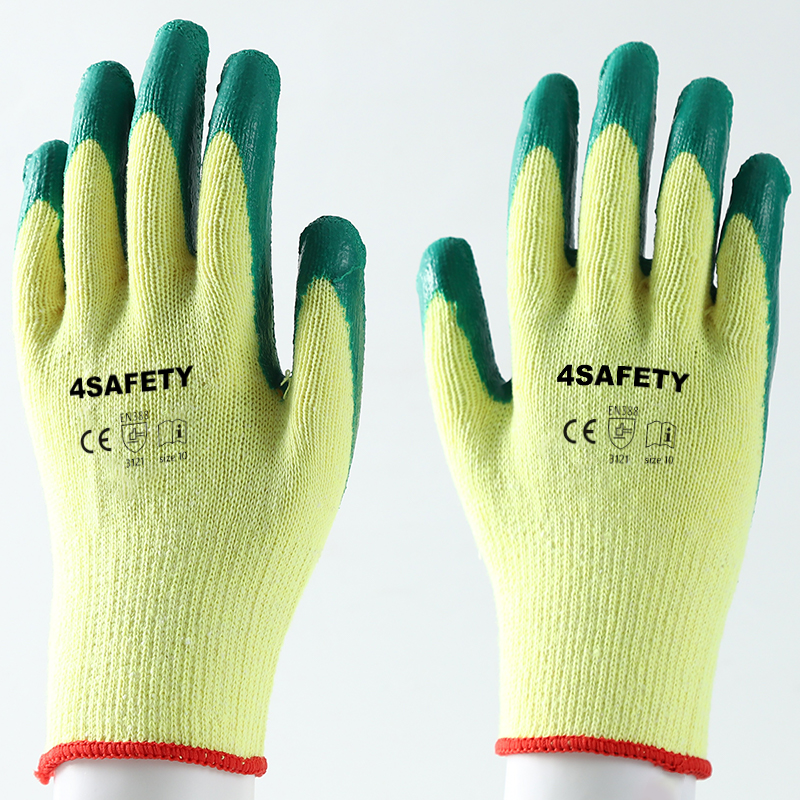 Yellow And Green Latex Coated Crinkle Wrinkle Cotton Gloves