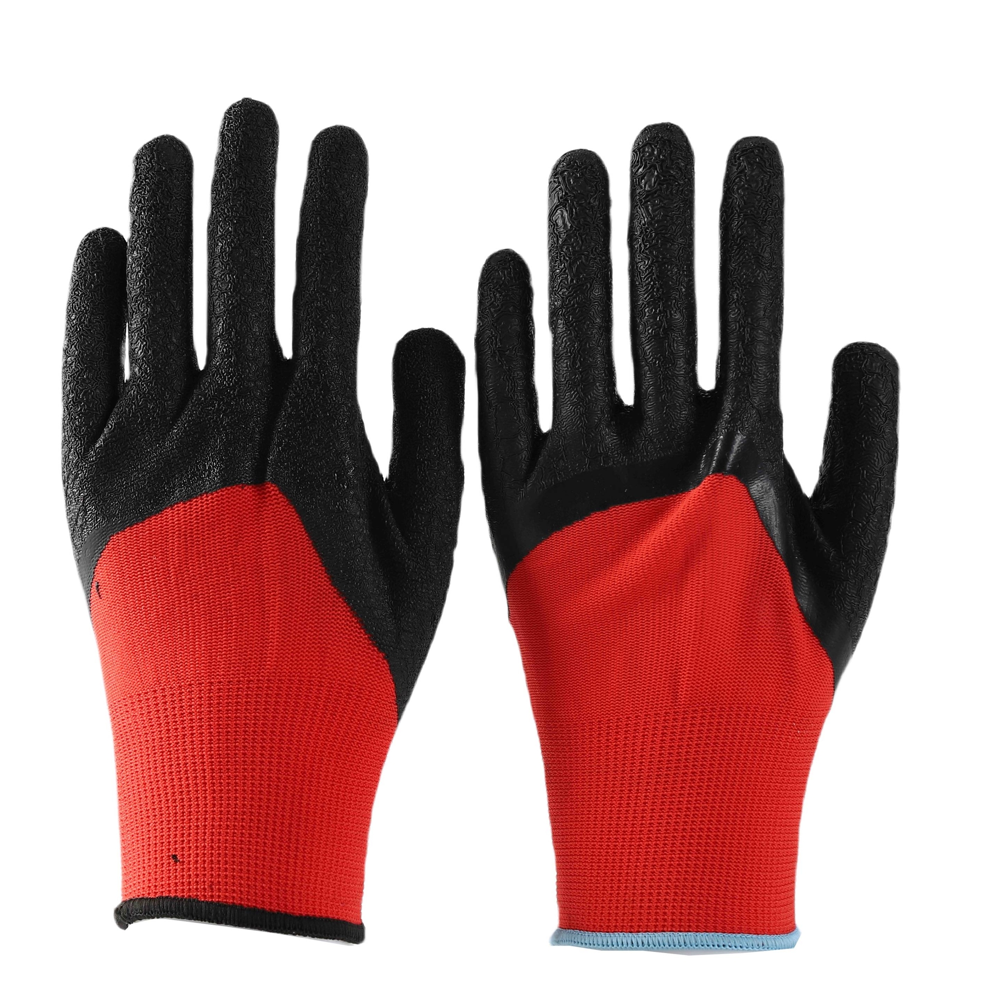                 Red polyester with black crinkle latex half coated gloves            