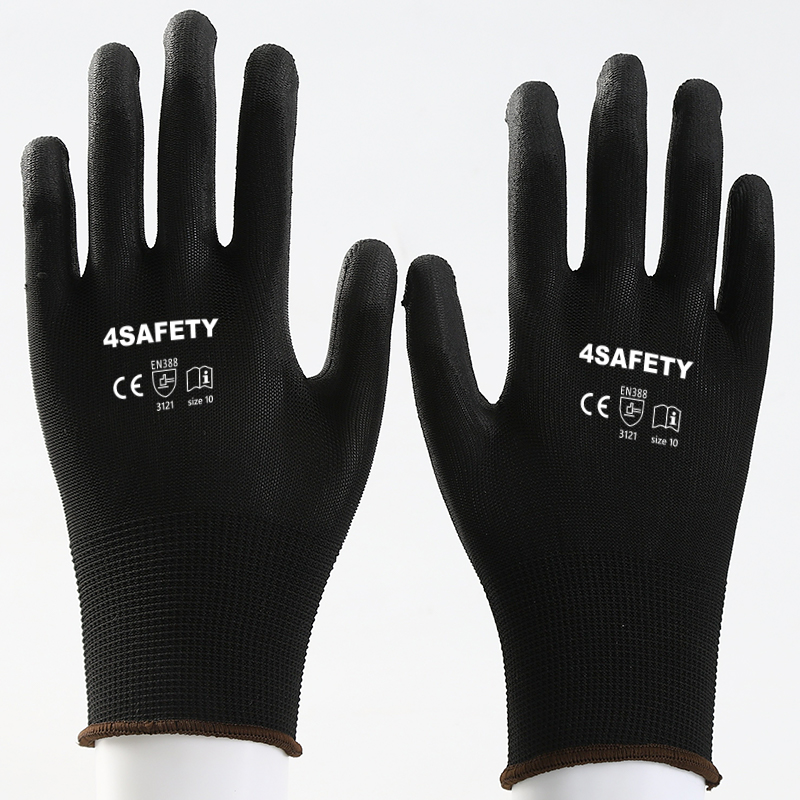 Black Color PU Coated Polyester Safety Gloves