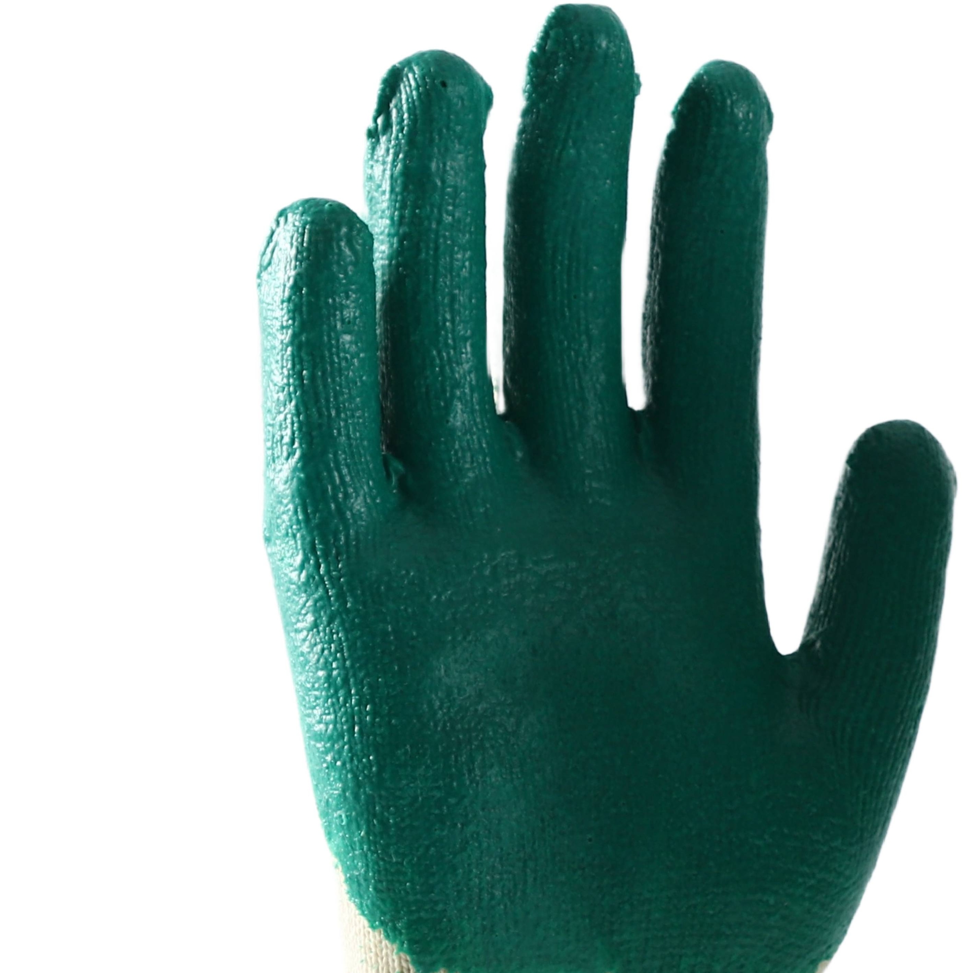                 White cotton with green latex smooth coating gloves            