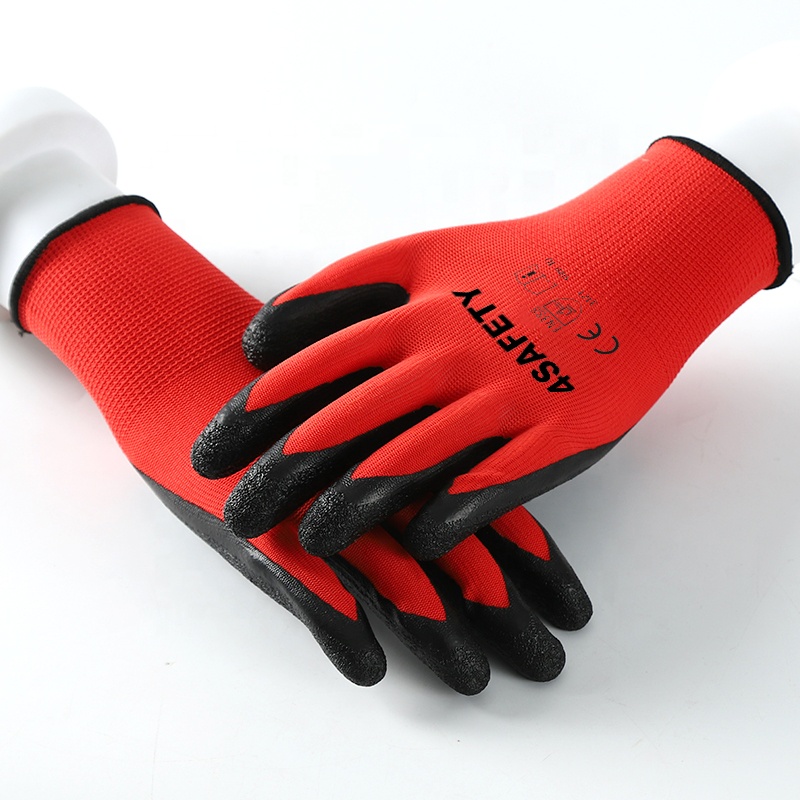 OEM 13G Red Black Working Polyester Latex Coated Crinkle Finish Labor Safety Gloves