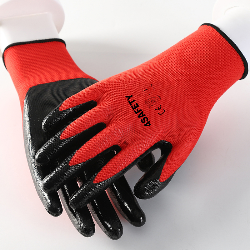 13 Gauge Polyester Liner Durable Seamless Polyester Shell Nitrile Dipped Safe Work Gloves