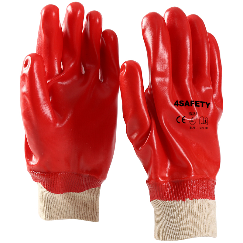 OEM 4Safety Cotton Knit Wrist Interlock Red PVC Coated Smooth Finish Gloves/Working Gloves