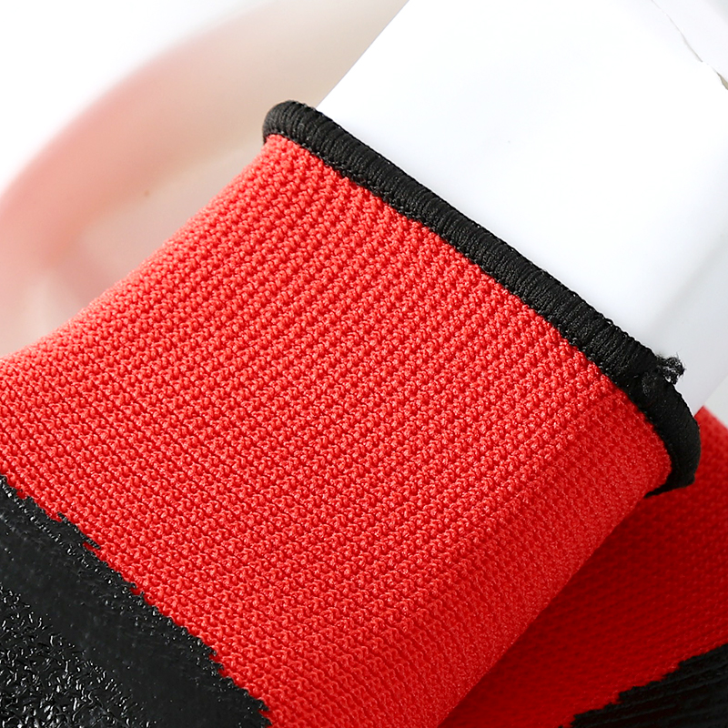                 Red polyester with black crinkle latex coated gloves            