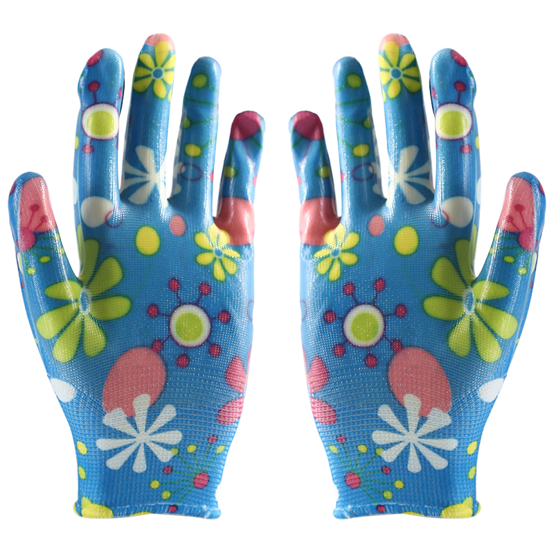 Flower Pattern Polyester Liner Nitrile Smooth Coated Work Safety Gloves
