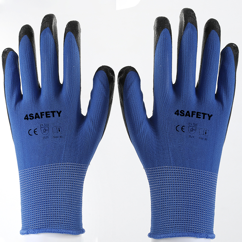 Custom 13 Gauge Black Nitrile Coated Blue Work Safety Gloves