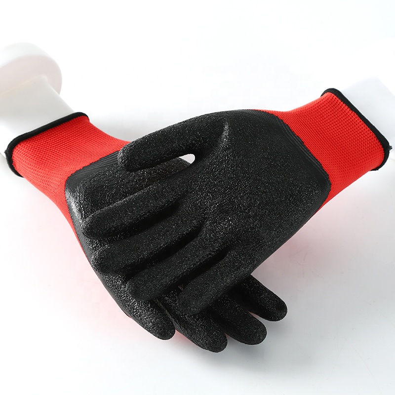 OEM 13G Red Black Working Polyester Latex Coated Crinkle Finish Labor Safety Gloves