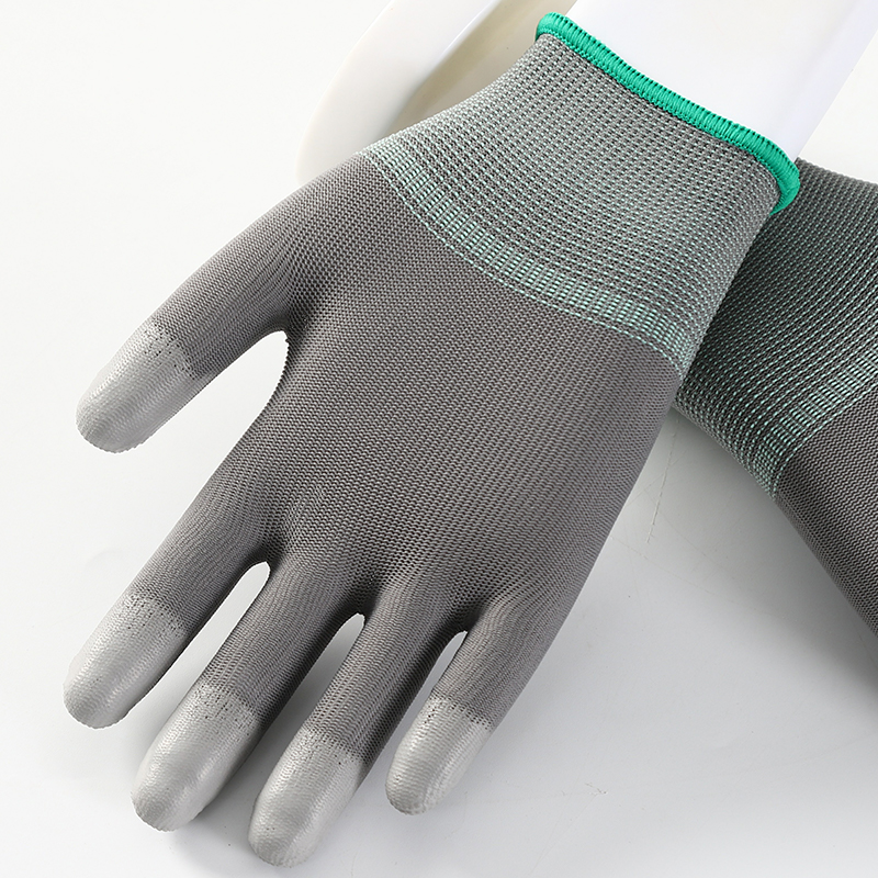Gray PU Coated Finger Dipping Polyester Gloves