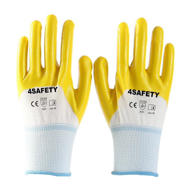 Yellow 13Gauge Polyester Liner Nitrile Smooth Half Coated Work Gloves For Construction