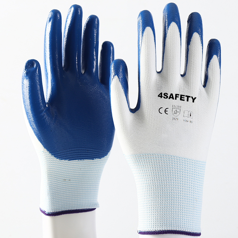 13G Blue White Polyester Liner Nitrile Coated Gloves Safety Work