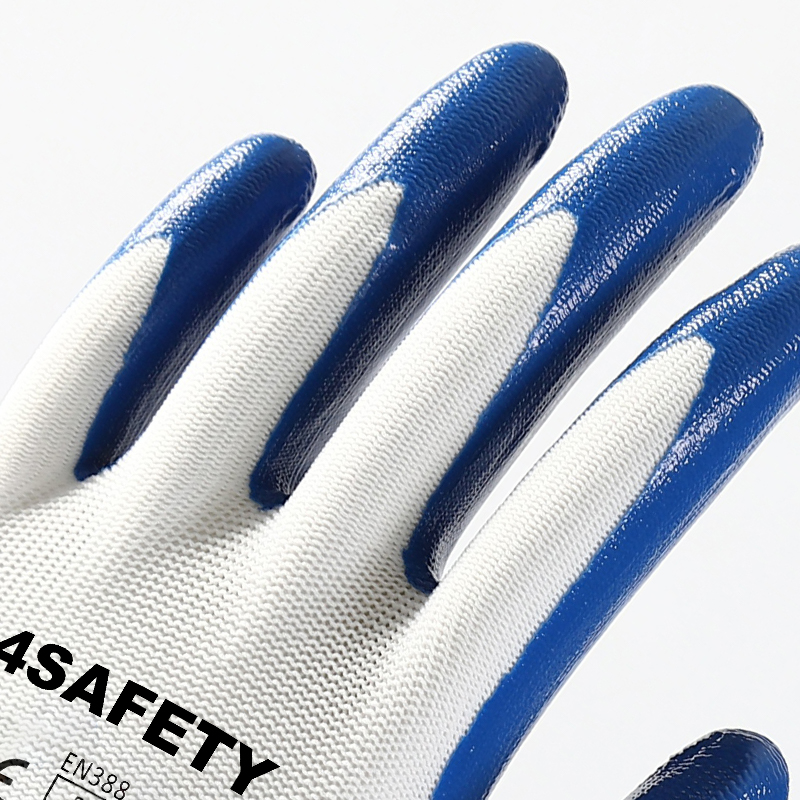                 White polyester with blue nitrile coating gloves            
