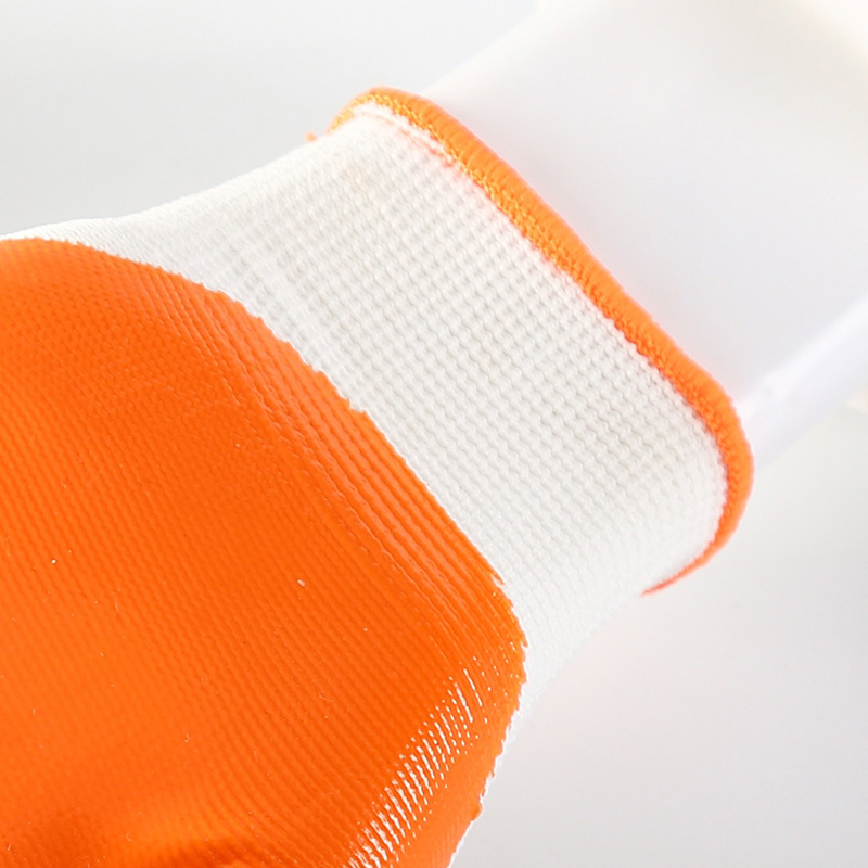                 White polyester with orange nitrile coating gloves            