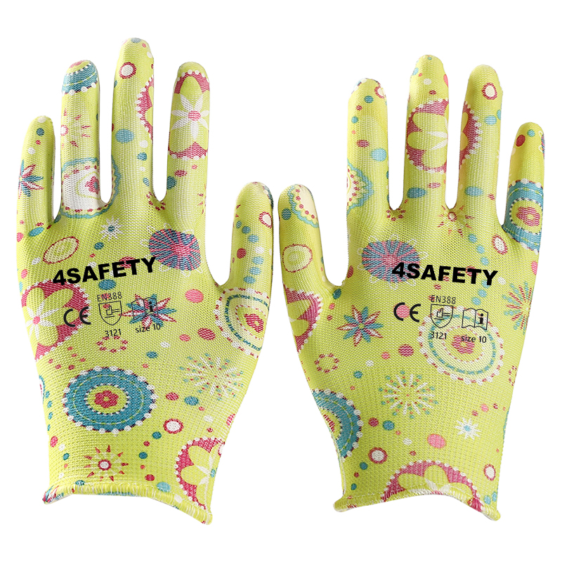 Yellow Flower Pattern Work Gloves Pu Palm Coated Gloves Construction Safety Working Hand Construction Pu Work Gloves
