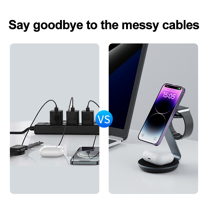 Metal Magnetic Wireless Charger Stand Dock 15W 3 in 1 Wireless Charger Station for Mobile Phones etc