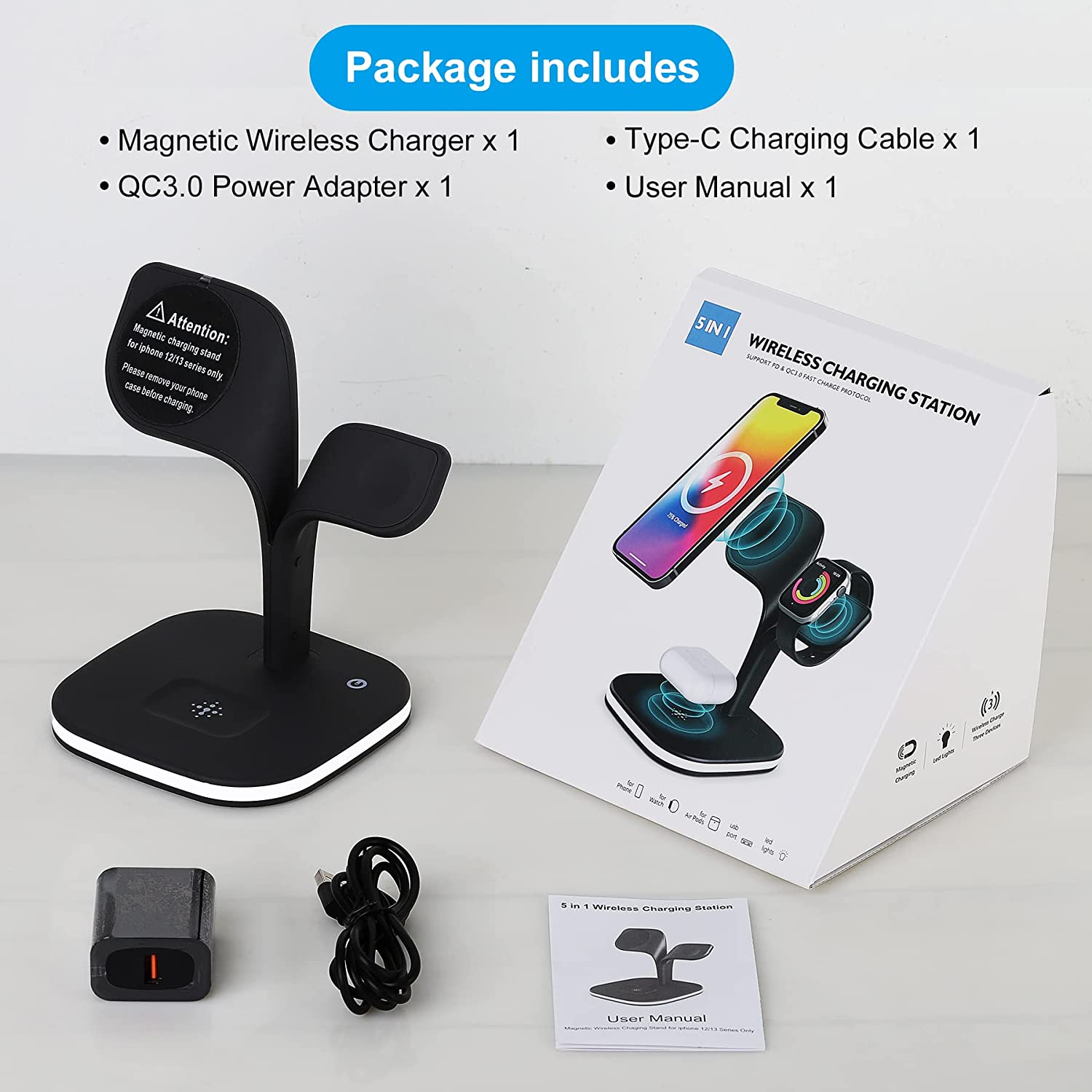 Smart multi 15W magnetic wireless mobile charging holder station for iphone,airpods,iwatch
