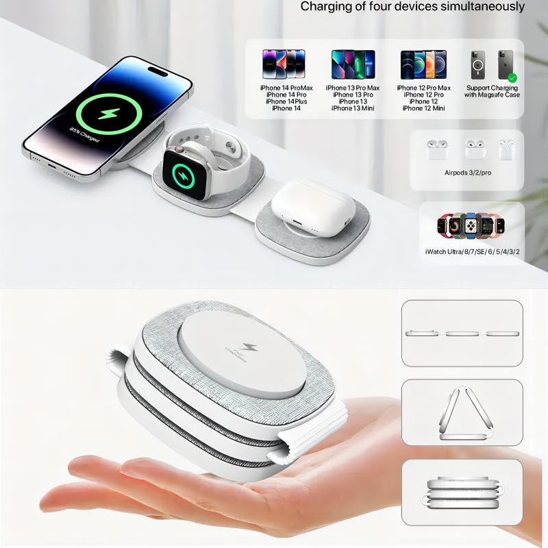 15W Newest Fabric Magnetic Portable 4 in 1 Fast 3in1 Wireless Charger Holder Foldable 3 in 1 one Wireless Charger Stand