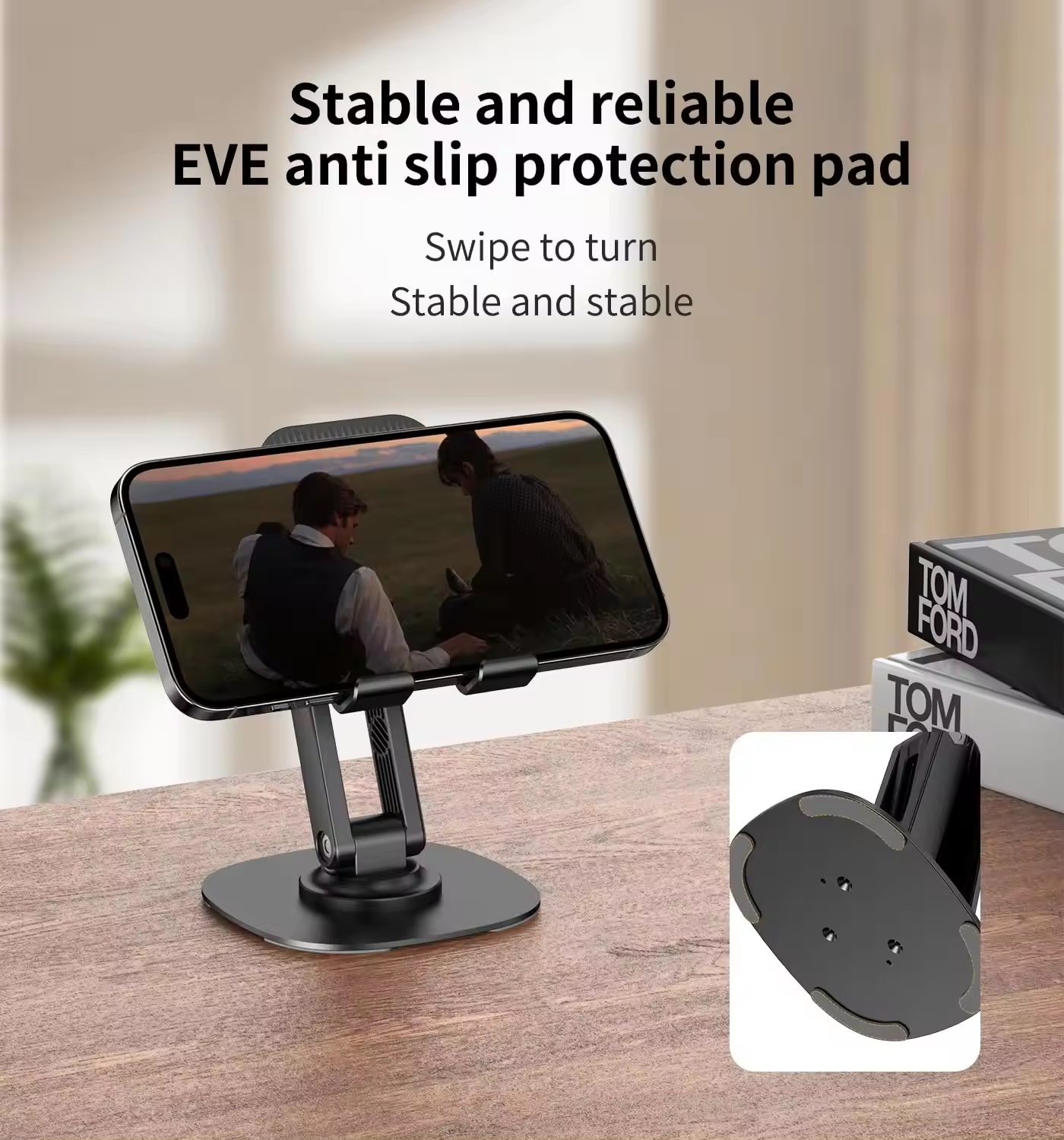 Metal Base Double Axis 360 Degrees Rotating Cell Phone Holder, Foldable Angle Height Adjustable Desktop Cell Phone Holder