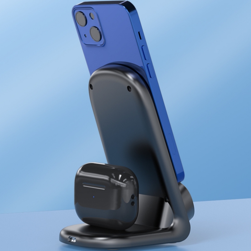 New 2 in 1 wireless charging stand holder for mobile phones and earphone 15w fast wireless charger with alarm clock