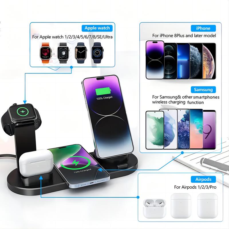 6 In 1 15W Fast Charging Stand Charging Dock Earphone Watch Mobile Phone Smart Wireless Charger for iPhone Samsung Android