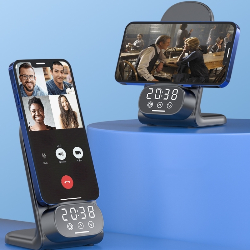 New 2 in 1 wireless charging stand holder for mobile phones and earphone 15w fast wireless charger with alarm clock