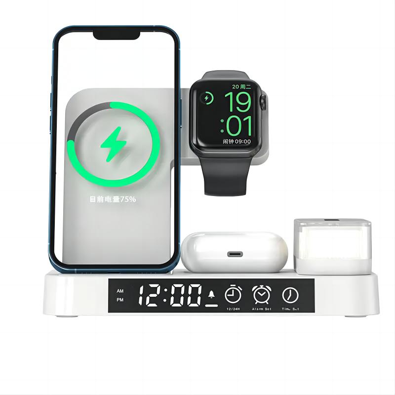 15W 4 in 1 Magnetic Digital Alarm clock Wireless Charger Stand 3 in 1 Foldable Wireless Charger with RGB Lamp Night Led Light