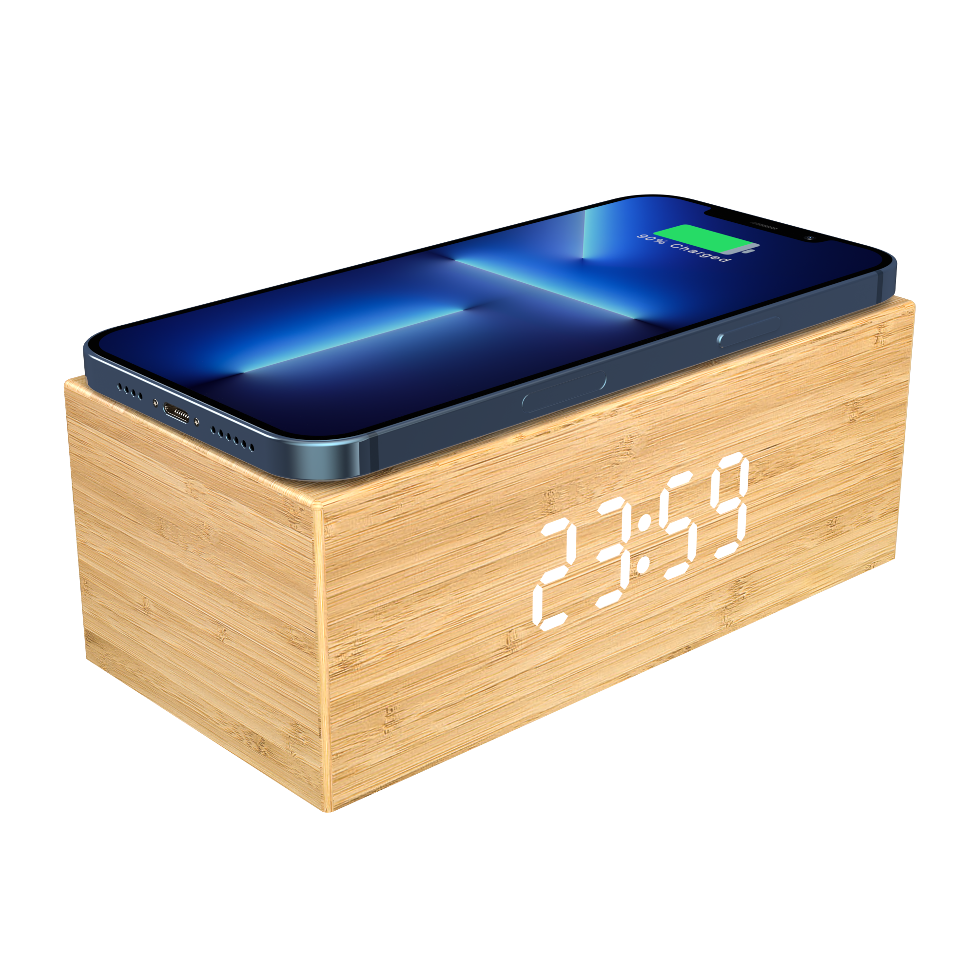 Bamboo Phone Charging Alarm Clock Digital Display Wooden Fast Wireless Charge Station Phone Charger