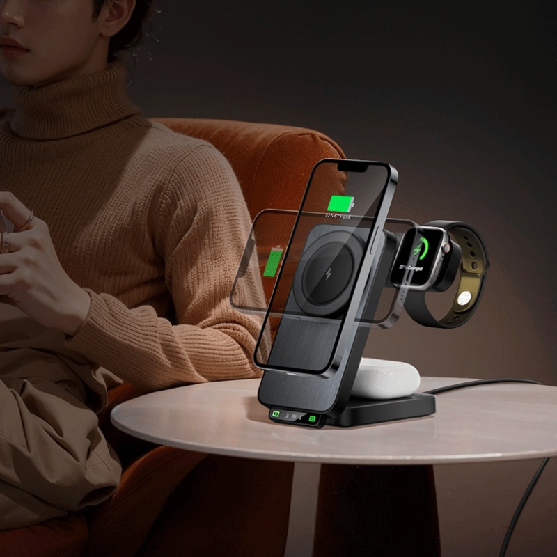 new multifunctional magnetic 3 in 1 foldable wireless charging station phone stand charger for smartwatch