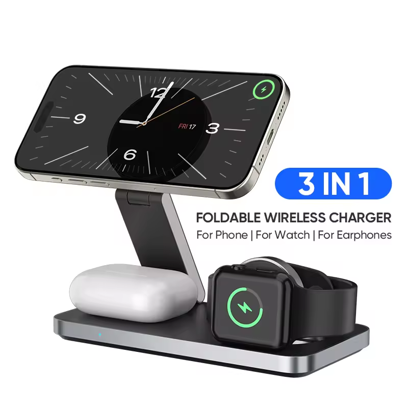 Foldable 3in1 Wireless Charger Stand for iPhone Magnetic Folding 3 in One 15W Fast Wireless Charging Station for Samsung