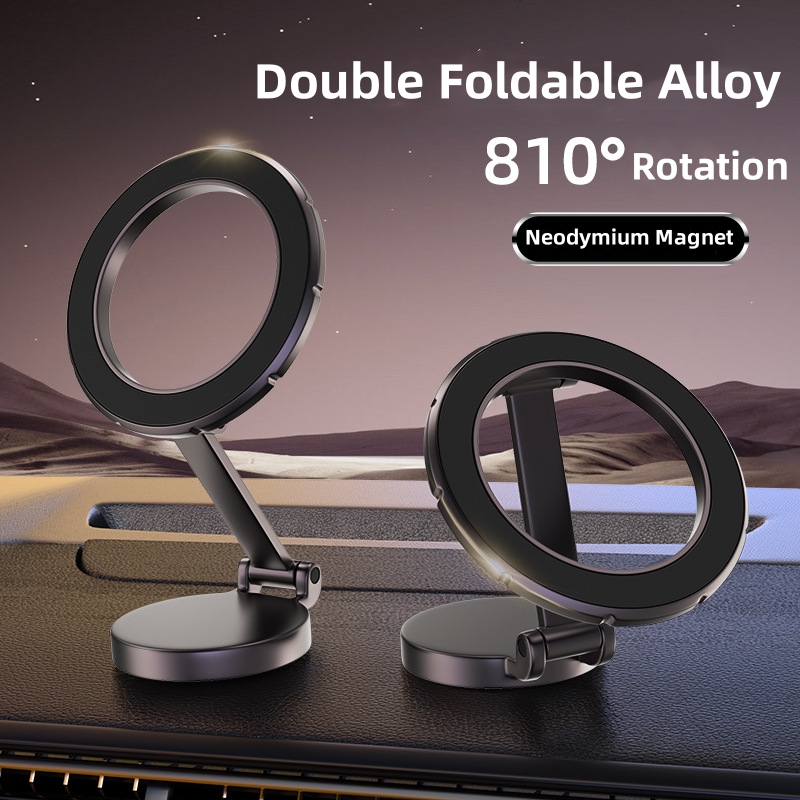 810 Degree Rotating Strong Zinc Alloy Metal Phone Holder Magnetic Double Damping Folding Dashboard Mobile Car Phone Holder