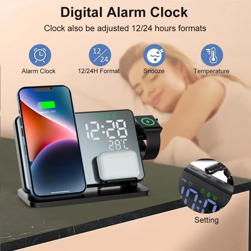 2024 Trending Phone Charging Stand 15W 4 in 1 LED Digital Display Charging Wireless Charger Station with Alarm Clock