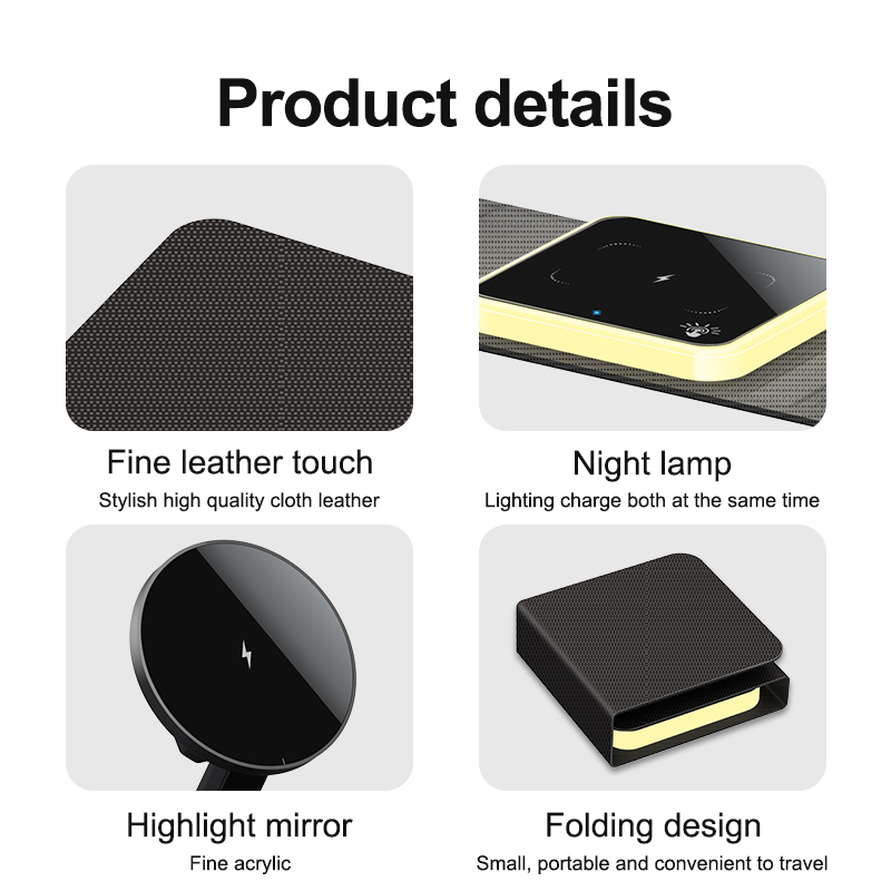 New Portable fold 3 in 1 wireless magnetic phone charger stand foldable 15W wireless fast charging with Leather and Night lamp