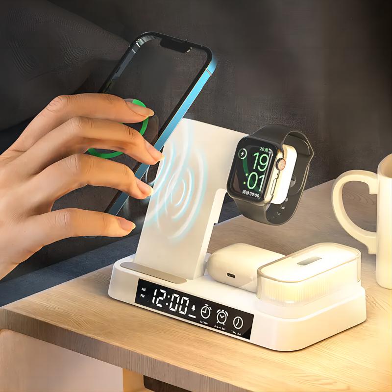 15W 4 in 1 Magnetic Digital Alarm clock Wireless Charger Stand 3 in 1 Foldable Wireless Charger with RGB Lamp Night Led Light
