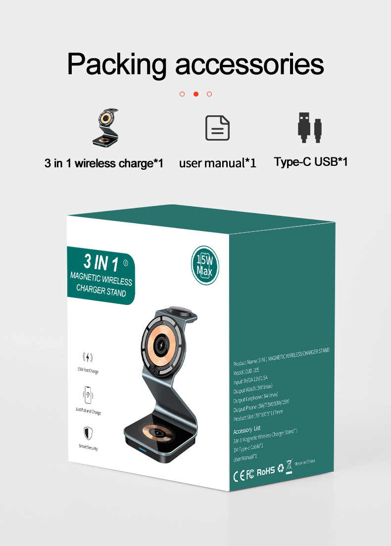 Aluminum Transparent 3 in 1 Wireless Charger Station 15W Magnetic Wireless Charging Station for Phone for Earbuds for iwatch