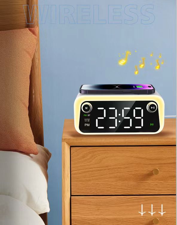 2023 New Arrival Bluetooth Multi Wireless Charging Night Light LED Lamp Alarm Clock Wireless Charger with FM Radio and Speaker