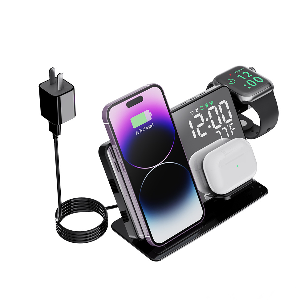 2024 Trending phone charging station 15W 4 in 1 LED Digital Display Alarm clock Wireless Charger Stand 3 in 1 Wireless Charging