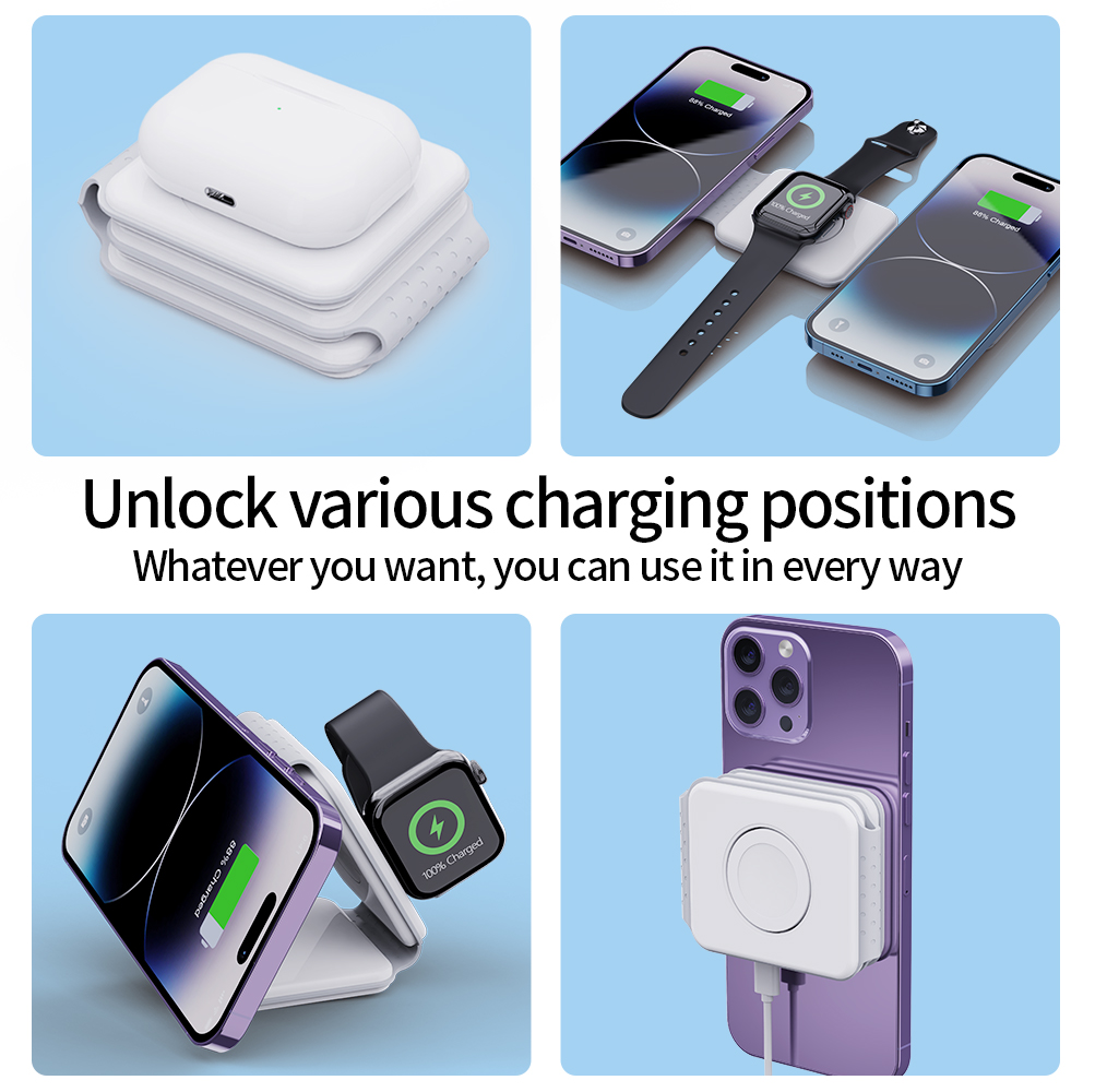 Foldable and Magnetic Wireless Charging Stand Wireless charger Station for Apple Watch, for AirPods and Phones 3 in 1