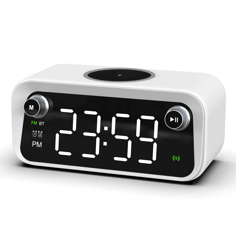 Newest Multi Function 15W BT Wireless Charger Bluetooths Speaker Digital FM Alarm Wall Clock Speaker with LED Screen Display