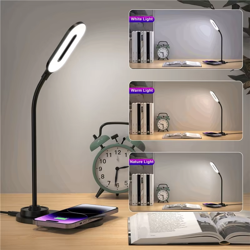 15W LED Modern Bed Side Lamp Table with Wireless Charger Eye Protect Light USB Folding Wireless Charging Table Lamp