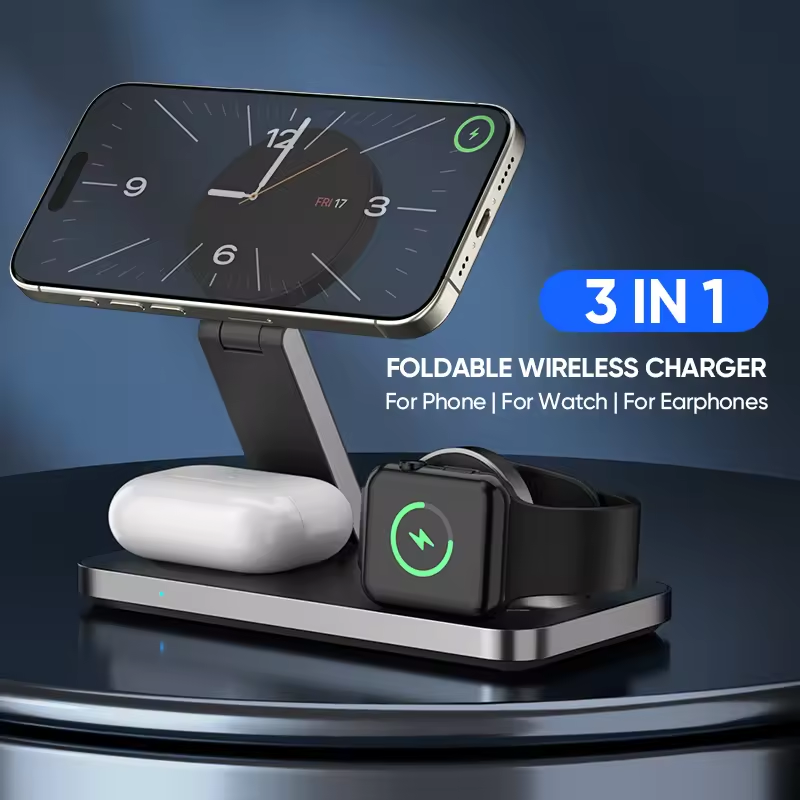 New Aluminum Alloy Magnetic Wireless Charger Stand Up Fast Wireless Charging for iPhone 3 in 1 Wireless Charger Station