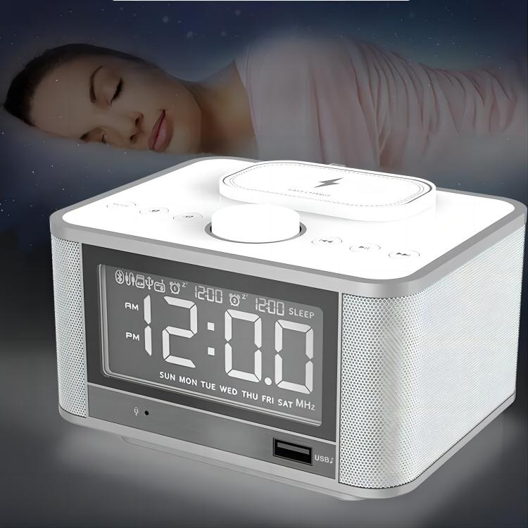 FM Radio Wireless Phone Charging Stand Alarm Clock BT Speaker with LED Display Dual Alarm Digital Desktop Table Clock Office