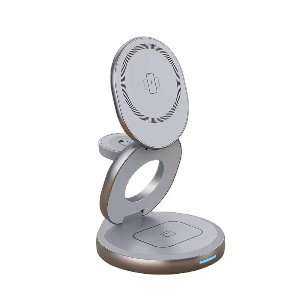 15W Magnetic Charger 3-in-1 Zinc Alloy Folding and Rotating Power Wireless Charging Stand Customized Logo