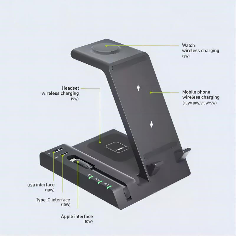 Newest 6 in 1 Portable 15W Fast Mobile Phone Wireless Charger Dock Station Stand for iPhone, Android