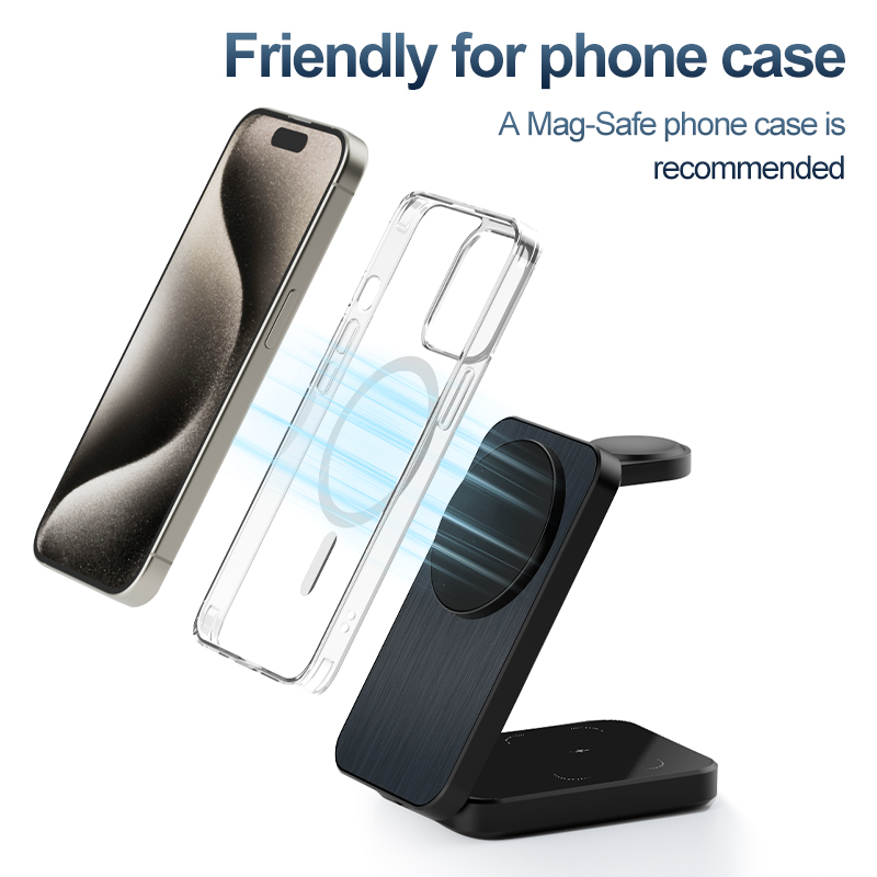 New Magnet Wireless Charger Stand Folding Charging Dock Magnetic 15W 3 in 1 Wireless Charger Foldable Black for Multiple Device