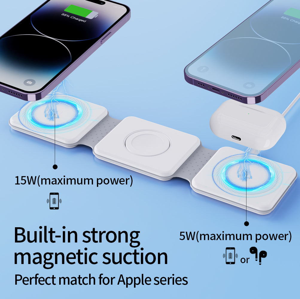 Foldable and Magnetic Wireless Charging Stand Wireless charger Station for Apple Watch, for AirPods and Phones 3 in 1