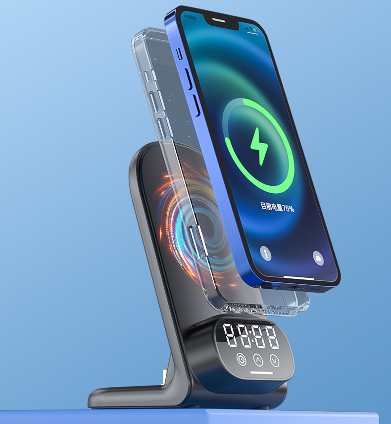 New 2 in 1 wireless charging stand holder for mobile phones and earphone 15w fast wireless charger with alarm clock